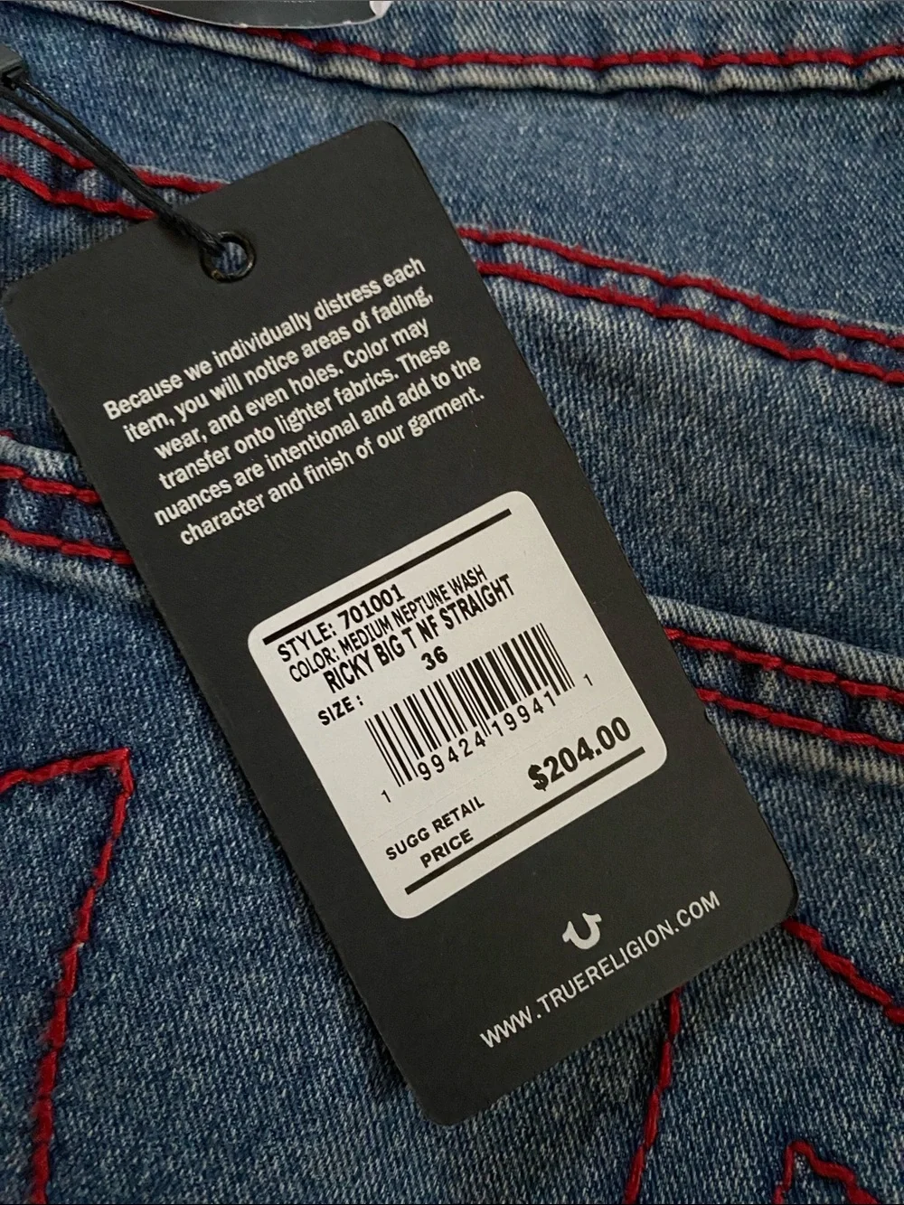 True Religion Relaxed Straight Cotton Stretch Red Stitching Jeans NWT